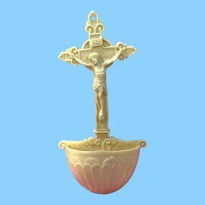 Vintage Wall-Mounted Holy Water Font Jesus On Cross & INRI Religious Catholic 6"